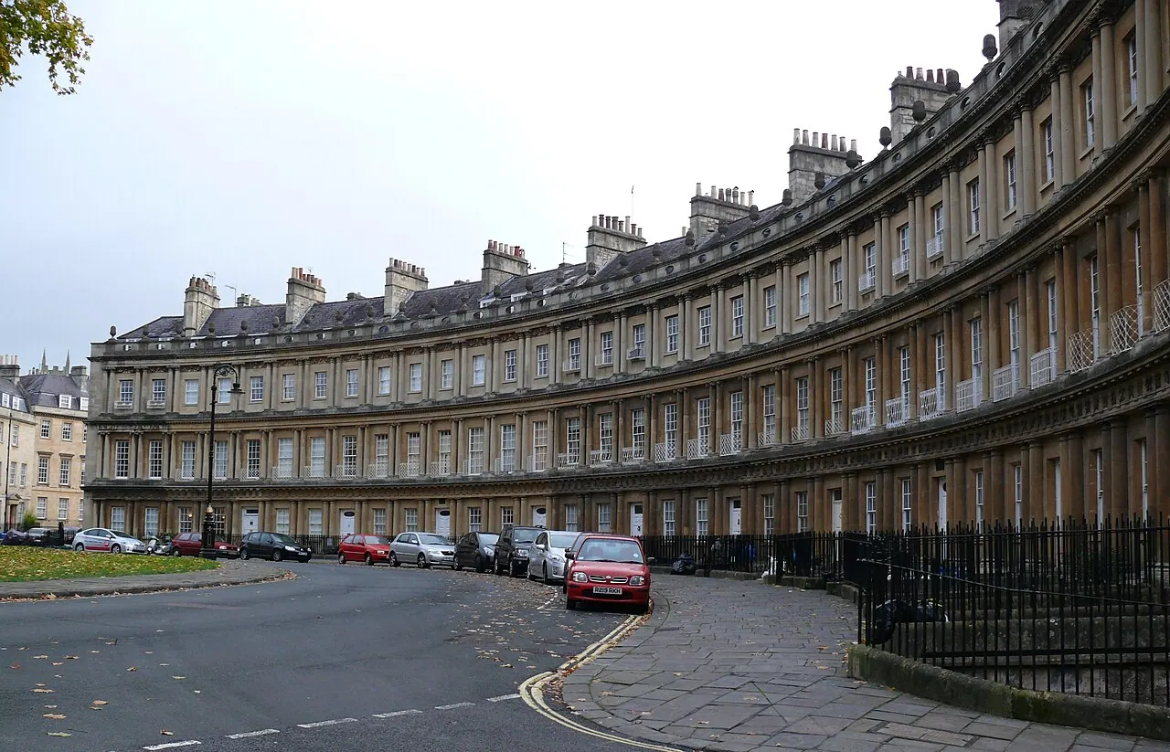 Curving stone townhouses of the Circus with paired columns at each level