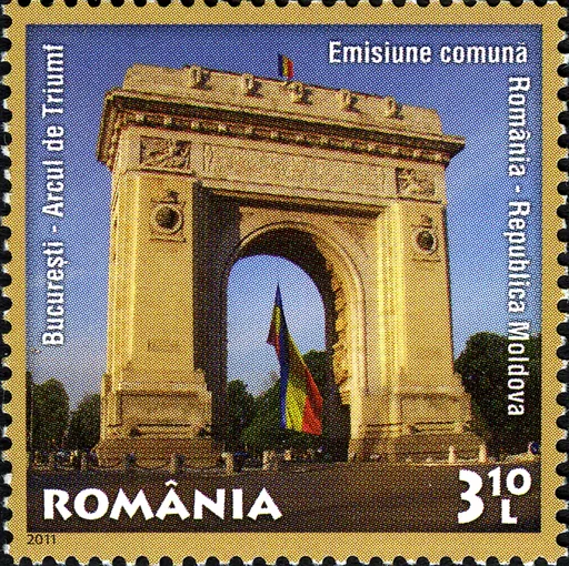 2011 Romanian postage stamp depicting Bucharest’s Arcul de Triumf; archival illustration.
