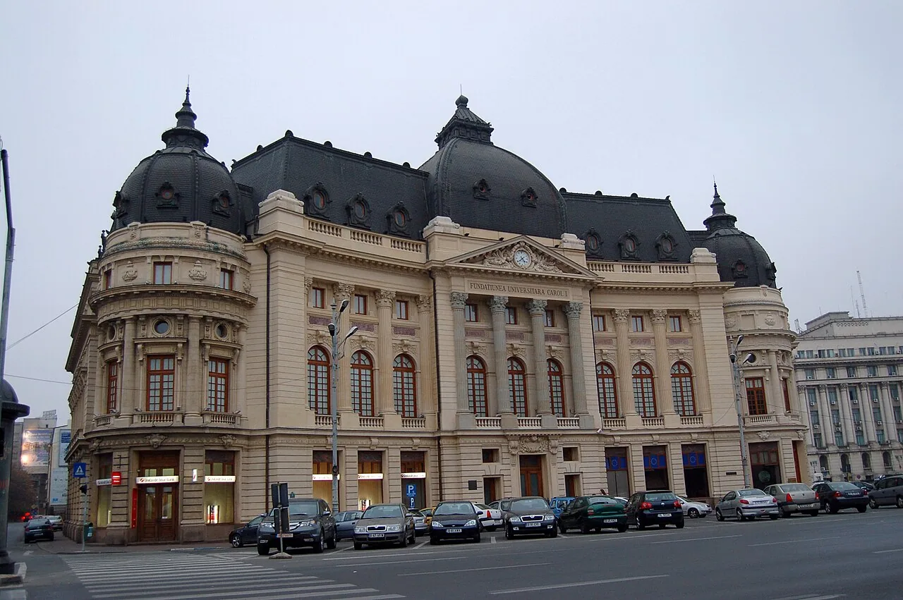 The historic Central University Library facing Revolution Square in Bucharest