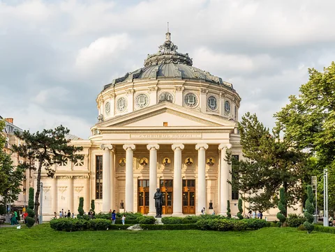The columned entrance and dome of the Romanian Athenaeum in Bucharest