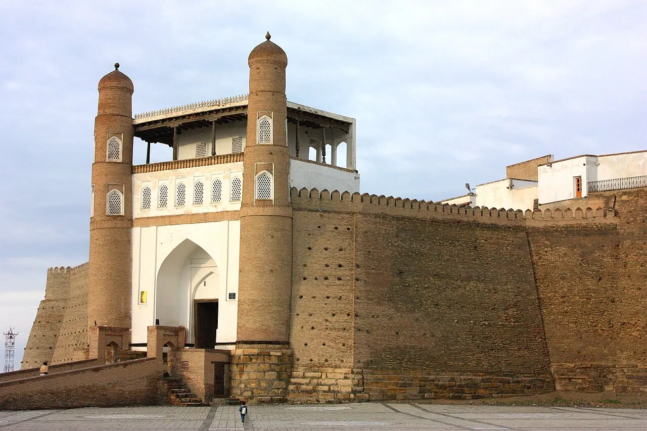 The Ark Citadel gateway, ramp and high brick wall in Bukhara.