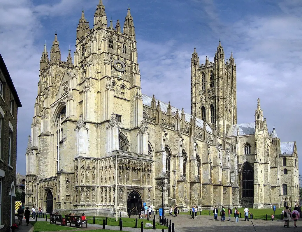 Canterbury Cathedral exterior with the west front, nave and Bell Harry crossing tower