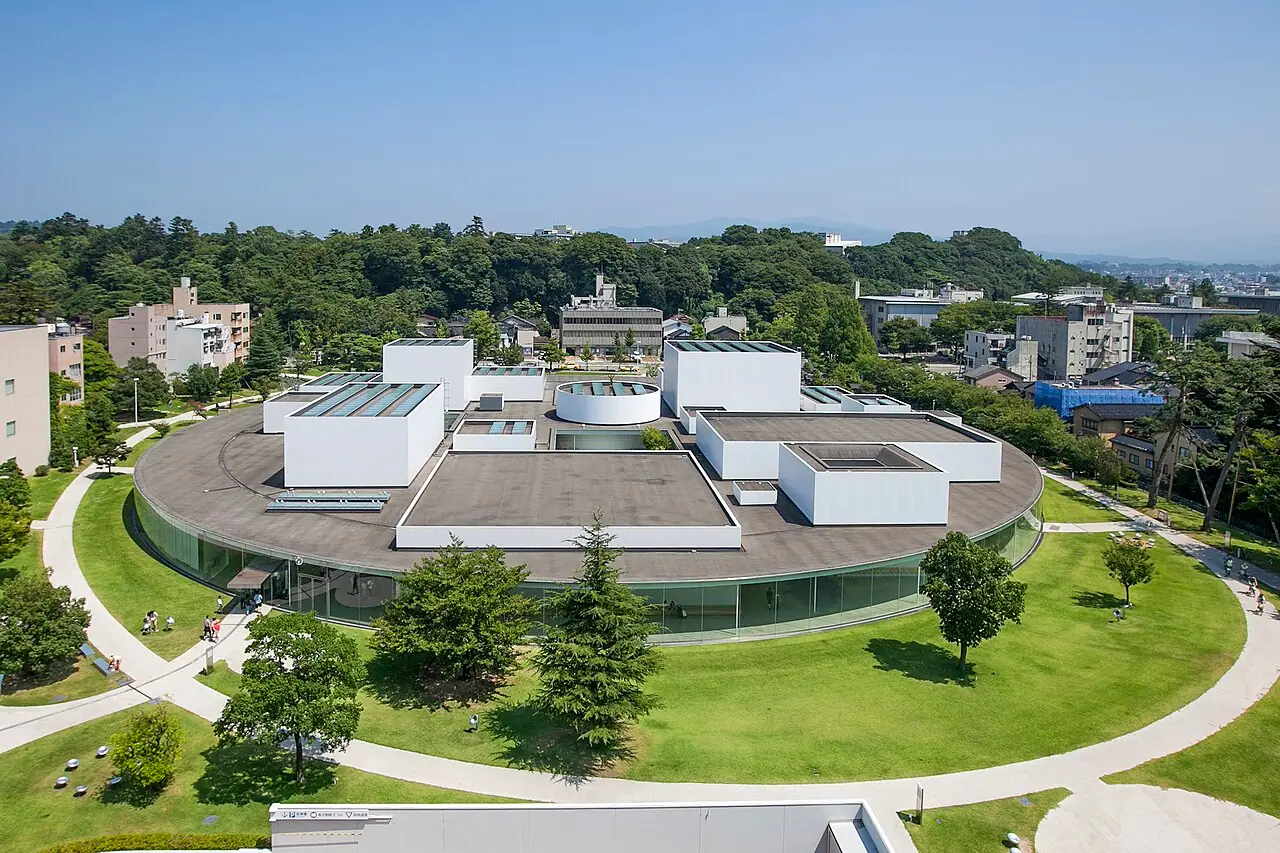 An elevated view of the circular 21st Century Museum in Kanazawa