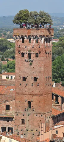 Brick Guinigi Tower rising above Lucca's roofs with holm oaks growing on its summit