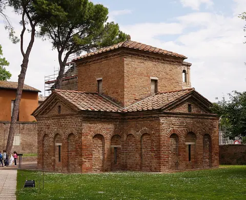 Small cross-shaped brick Mausoleum of Galla Placidia with its raised square central roof
