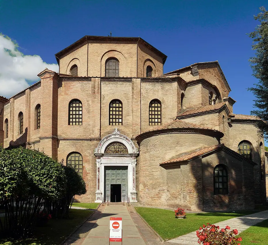 Brick octagonal exterior and stepped roofs of the Basilica of San Vitale in Ravenna