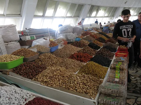 Nuts and dried fruit displayed at a stall in Tashkent’s Chorsu Bazaar.